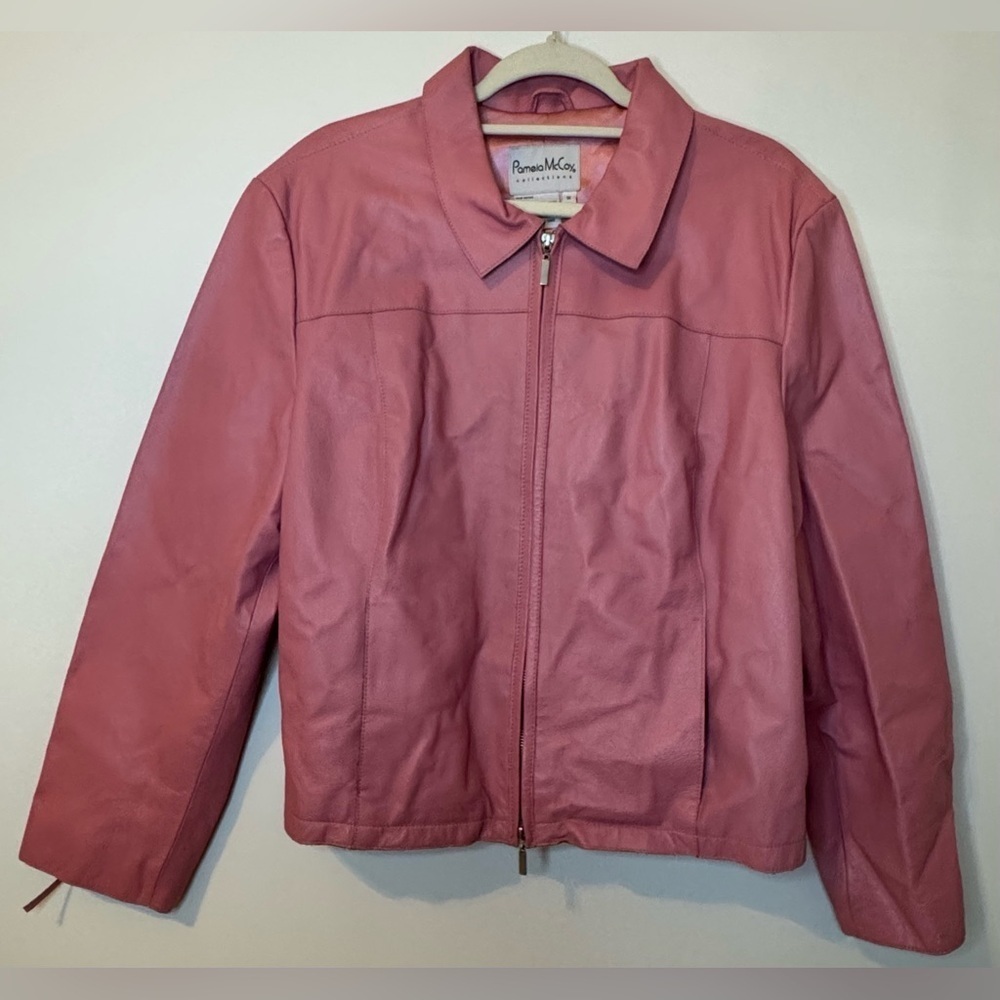 Pamela McCoy Women’s Pink Leather Jacket Corset Leather Tie Detail Size 1X